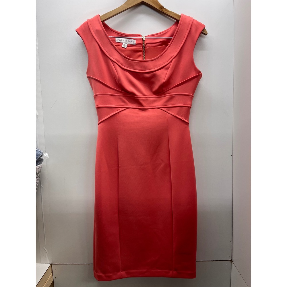 Maggy London Coral Pink Sleeveless Sheath Dress Pleated Waist Size 6